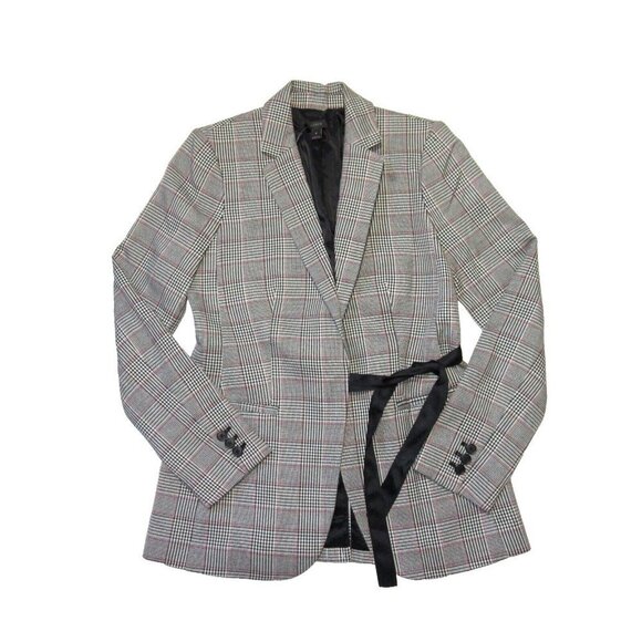 NWT J.Crew Tie-Front Blazer in Gray Red Lady Glen Plaid Jacket 0 - Picture 1 of 4